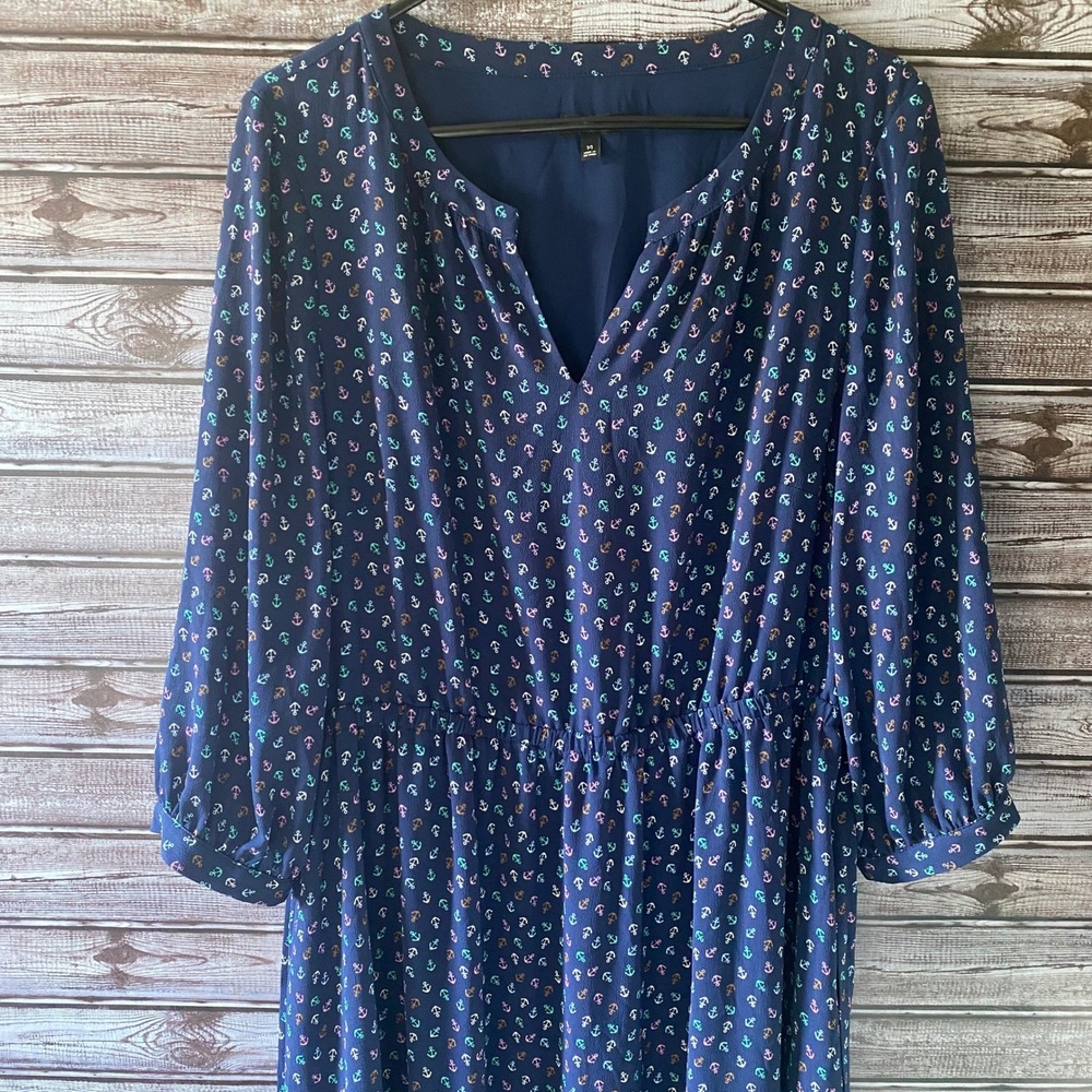 Talbots Women's Long-Sleeved Midi Dress Size 14 Navy Blue Anchor V-Neck Belt‎